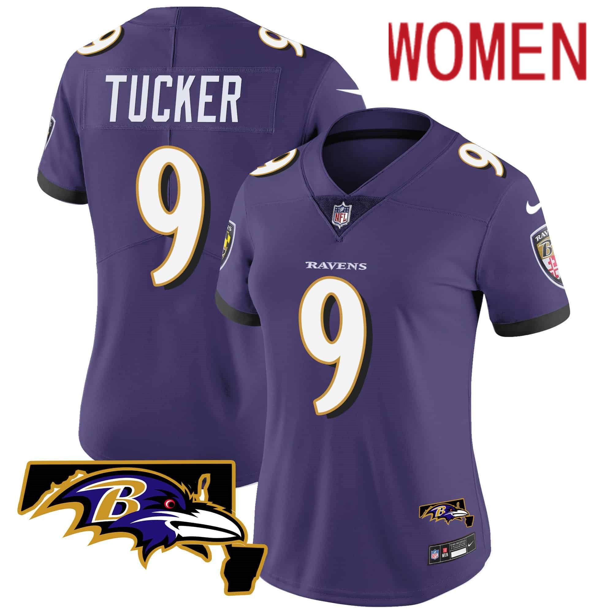Women Baltimore Ravens 9 Tucker Purple 2024 Nike Maryland Patch Vapor Limited NFL Jersey style 1
